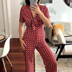 Sandro Casey Knotted Printrd Crepe De Chine Jumpsuit Claret red size 36 S